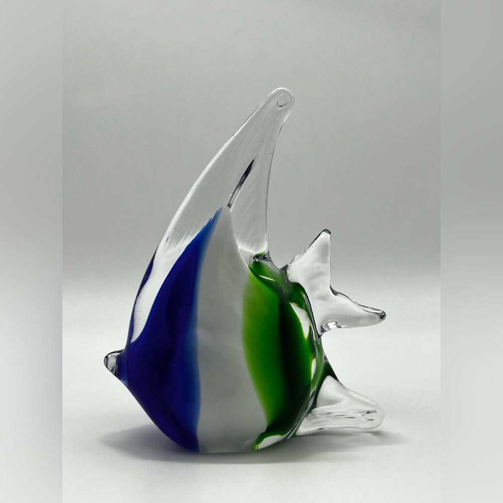 Tropical angel fish green blue white glass figurine collectible paper weight